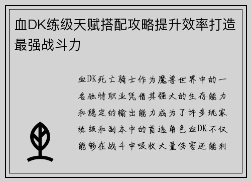 血DK练级天赋搭配攻略提升效率打造最强战斗力
