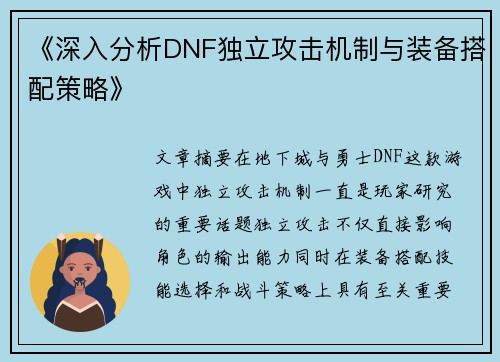 《深入分析DNF独立攻击机制与装备搭配策略》
