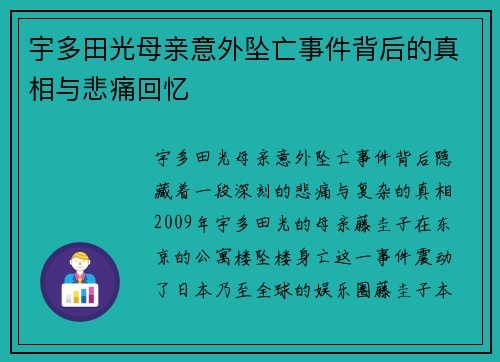 宇多田光母亲意外坠亡事件背后的真相与悲痛回忆